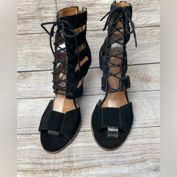 Nine West Highland Lace Up Black Leather Block Heel Booties Size 10 M - Picture 2 of 9